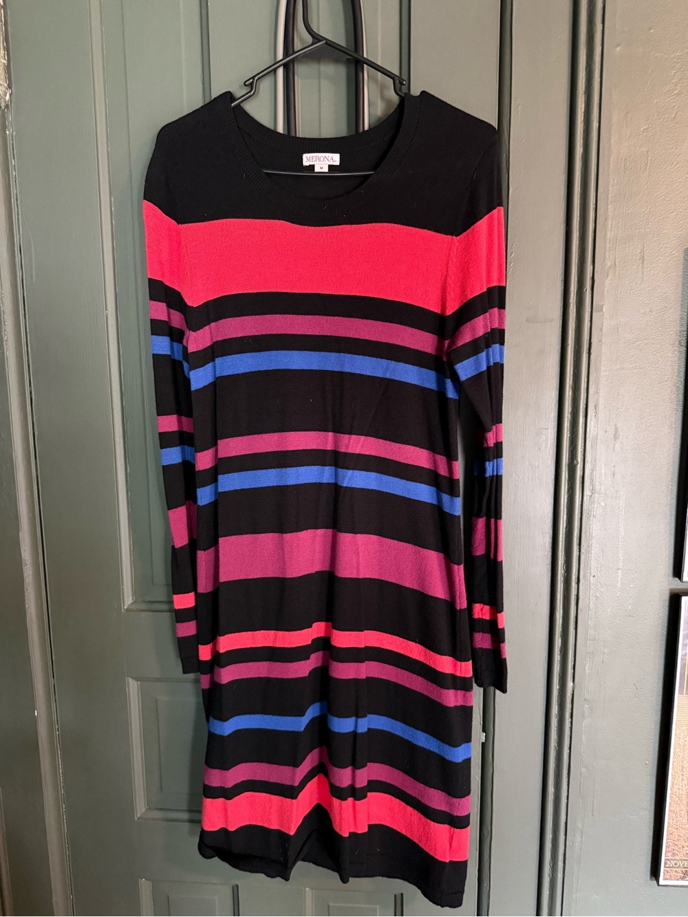 Merona Black Long Sleeve Knit Dress with Pink, Purple & Blue Stripes